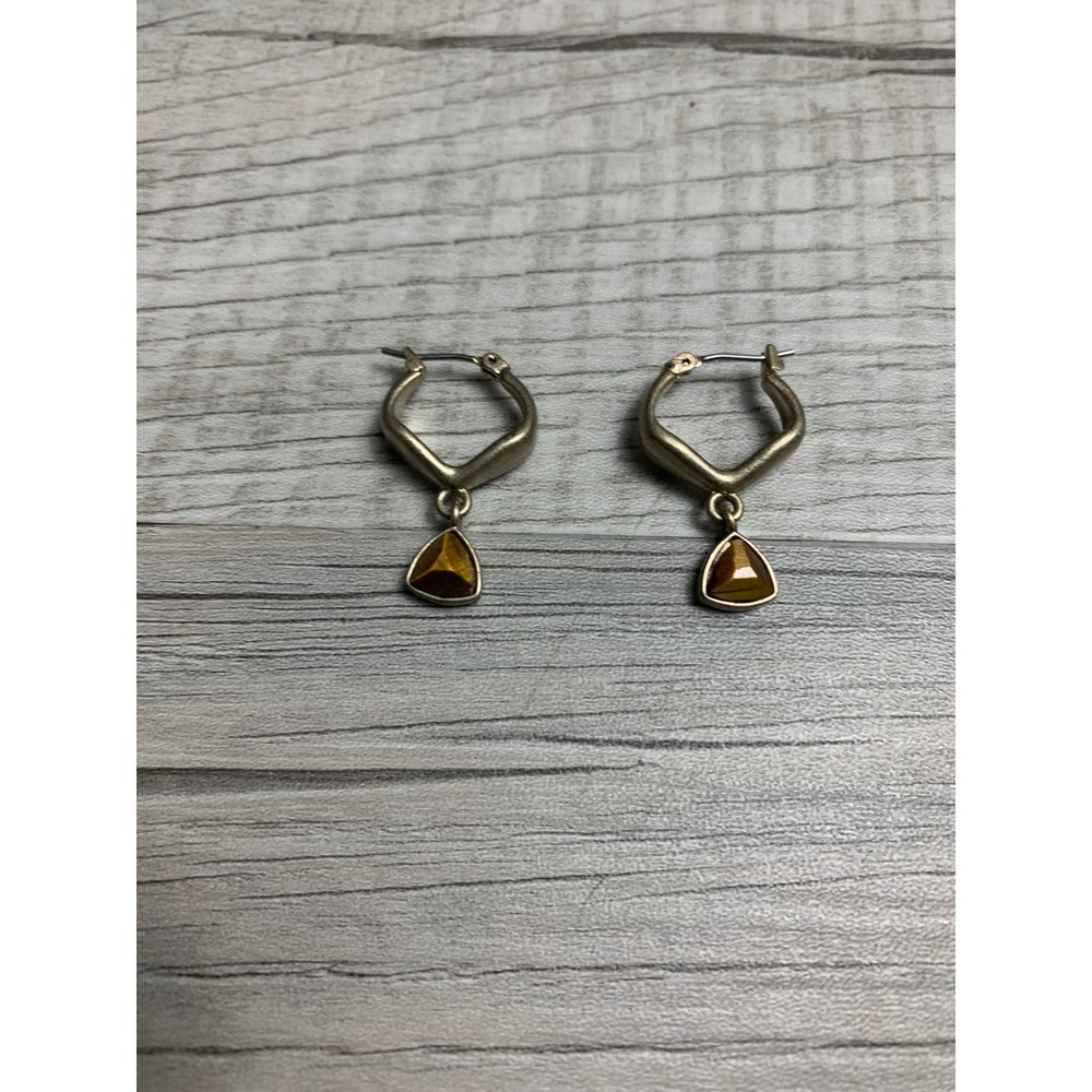 Vintage Gold Tone Tiger Eye Triangle Drop‎ Hoop Earrings Geometric Boho 3699